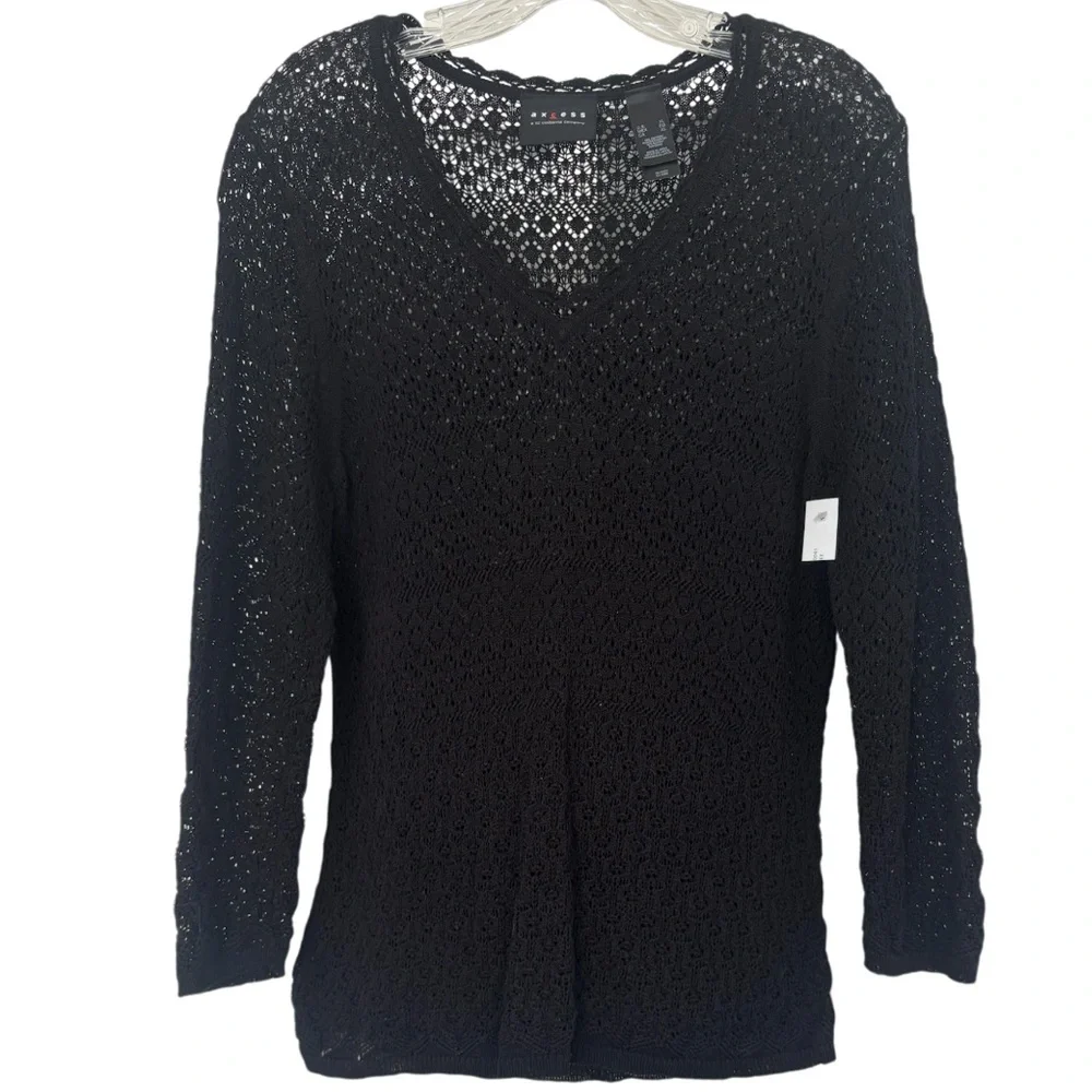 Vintage Y2K Sweater Open Knit Floral Ruffle Black Lace Fairycore 2000s Size XL